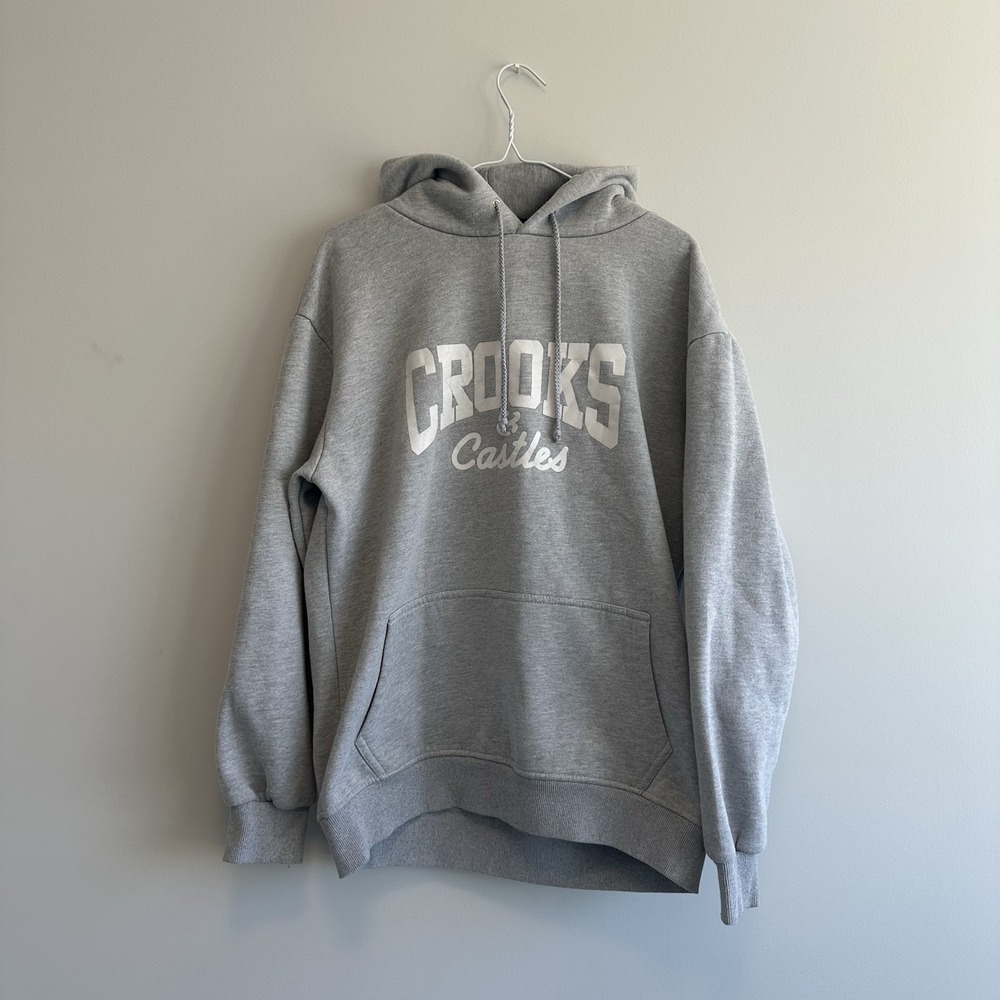 Crooks & Castles Mens Hoodie Gray Spellout Logo Streetwear Sweatshirt Size M‎
